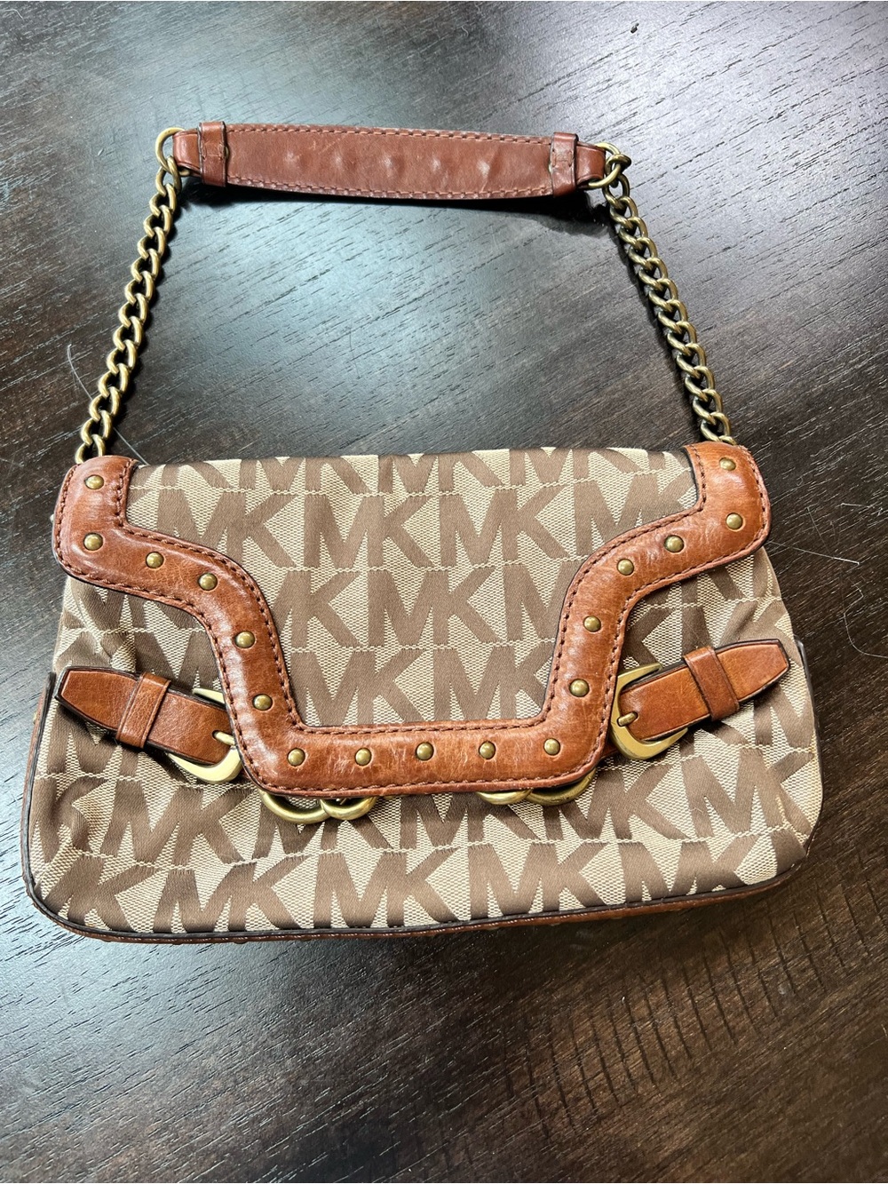 Michael Kors MK Signature Chain Shoulder Bag Brown Tan Leather Purse